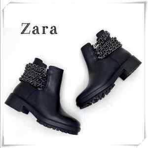 Zara Chain Biker Moto Chunky Heel Ankle Boot Black Leather Women’s 6 Round Toe